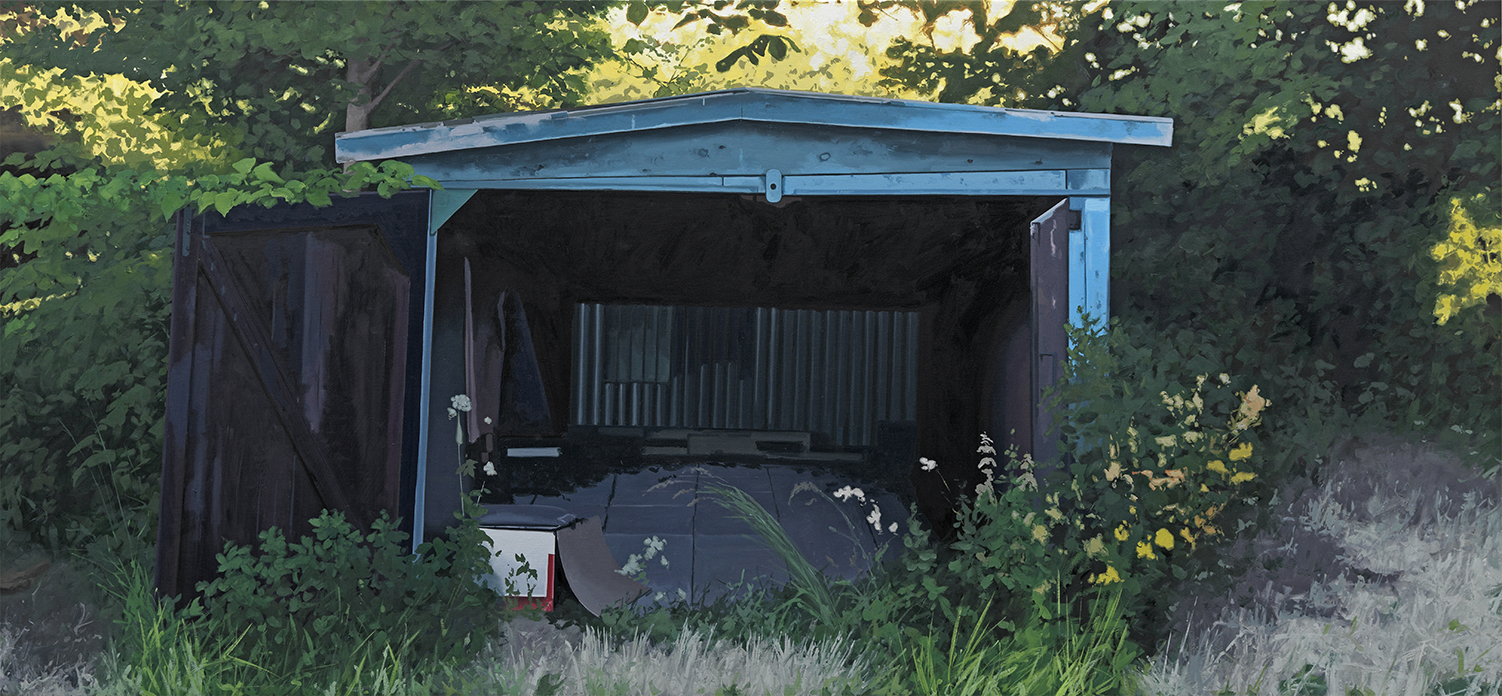 Garage, oil on canvas, 100x220 cm, 2022. Songs for the Little Ones, Galerie Forsblom, Helsinki